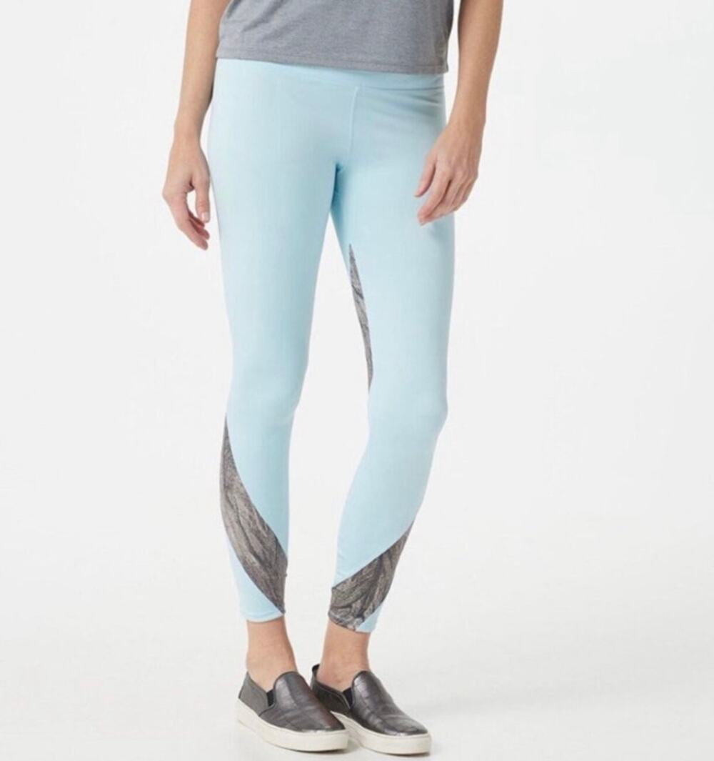 Soulgani Active California Love Twin Soul Leggings 3X Blue Gray Stripe Plus NEW